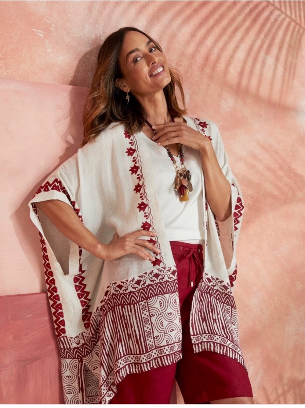 Chico's Kimono Linen Blend Mixed Print Ruana Wrap Open Front Cardi Layering Top